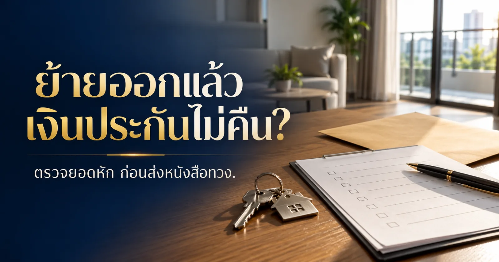 กุญแจและเอกสารคืนห้องพร้อมคำว่า ย้ายออกแล้ว เงินประกันไม่คืน
