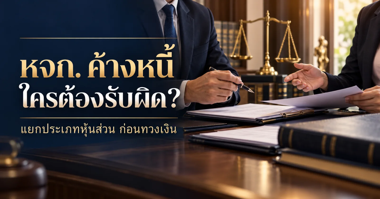 โต๊ะตรวจสัญญาห้างหุ้นส่วนพร้อมคำว่า หจก. ค้างหนี้ ใครต้องรับผิด
