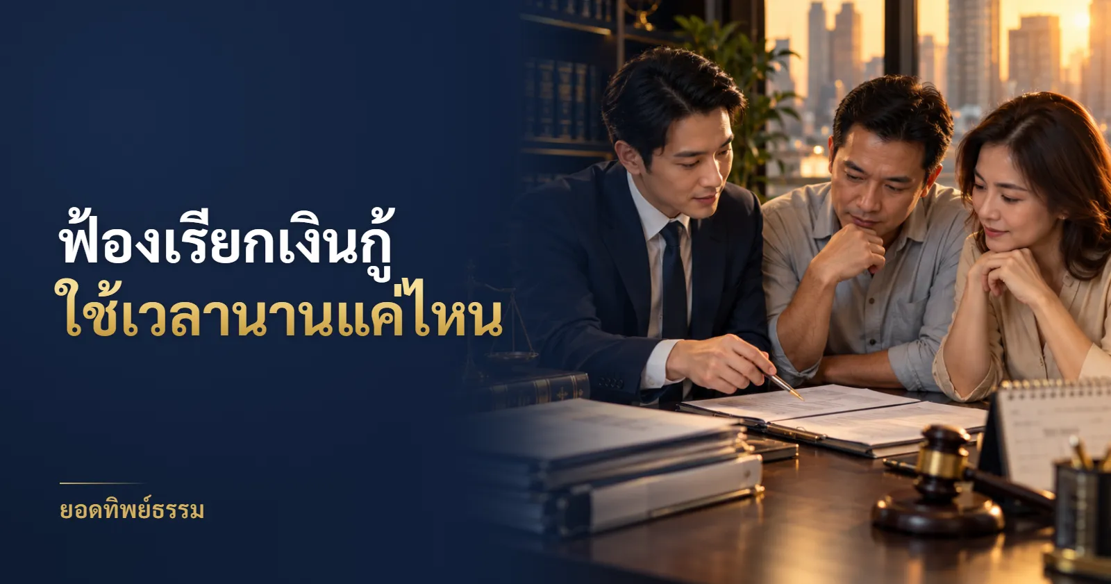 ทนายความชี้แจงขั้นตอนคดีกับลูกความสองคน ข้างแฟ้มคดี ปฏิทิน และค้อนศาล พร้อมข้อความ ฟ้องเรียกเงินกู้ ใช้เวลานานแค่ไหน