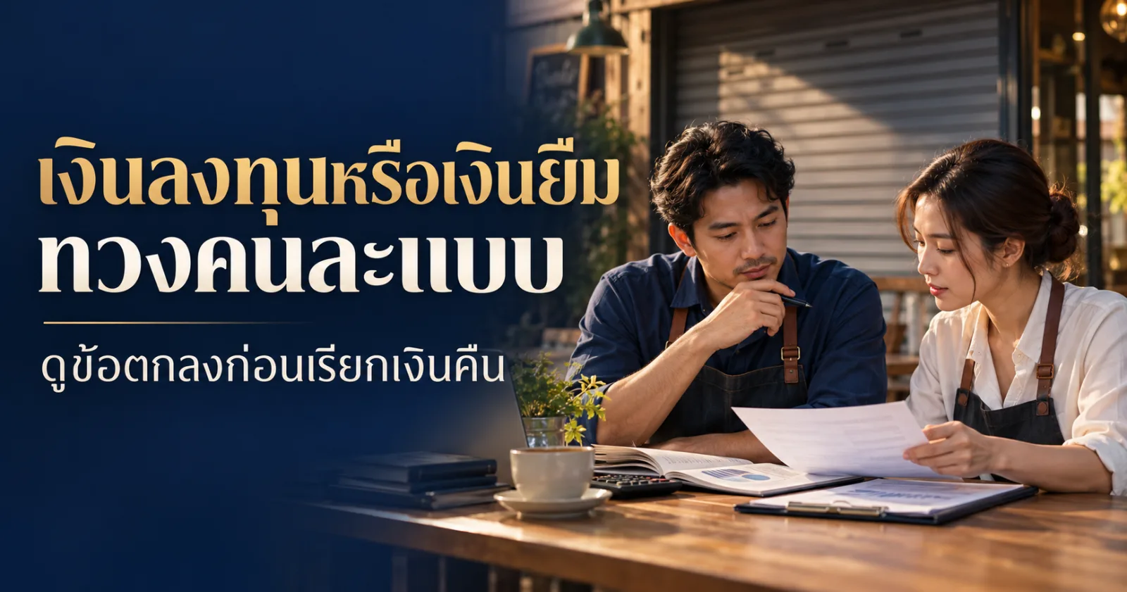 ผู้ร่วมธุรกิจตรวจสมุดบัญชีและสัญญา พร้อมข้อความ เงินลงทุนหรือเงินยืม ทวงคนละแบบ