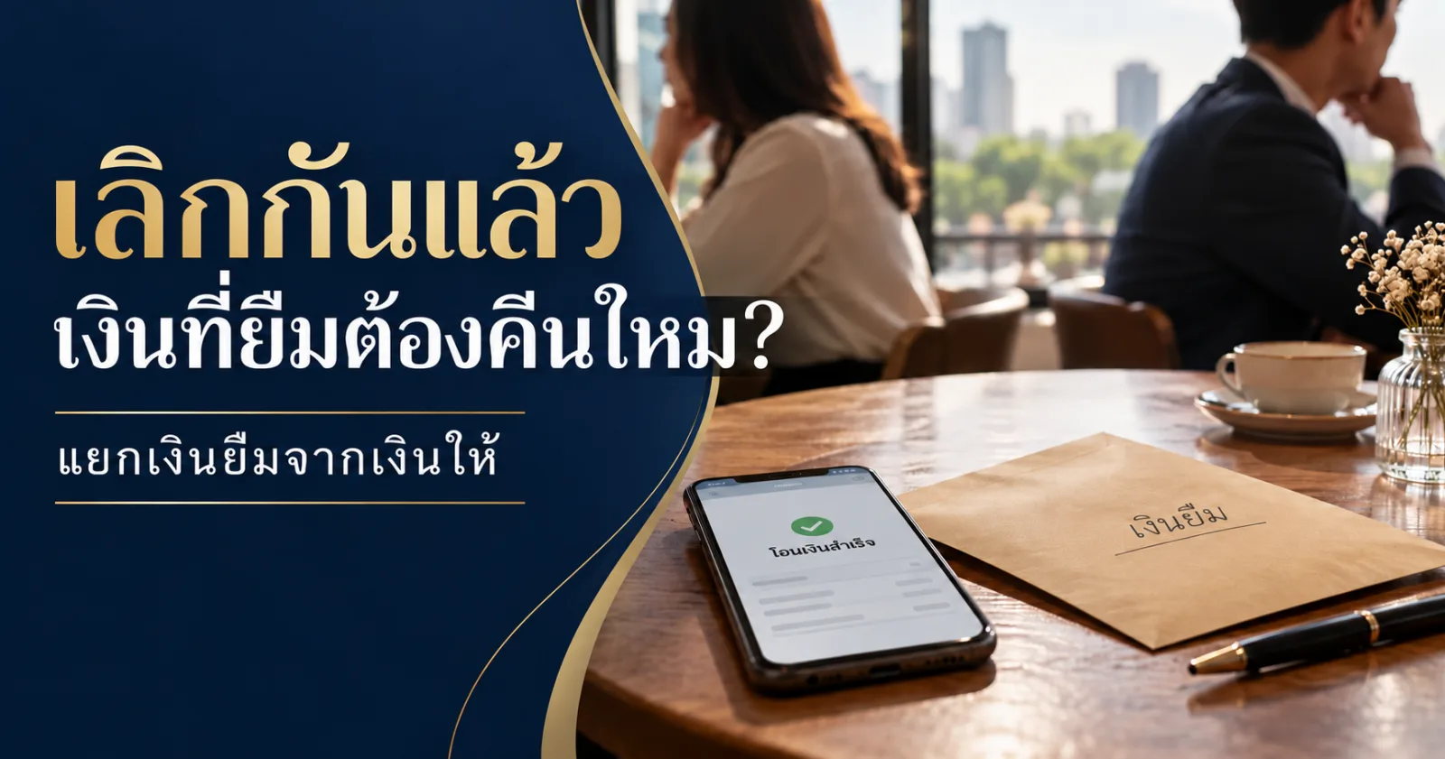 อดีตคู่รักนั่งห่างกันอย่างสงบข้างหลักฐานโอนเงิน พร้อมข้อความ เลิกกันแล้ว เงินที่ยืมต้องคืนไหม