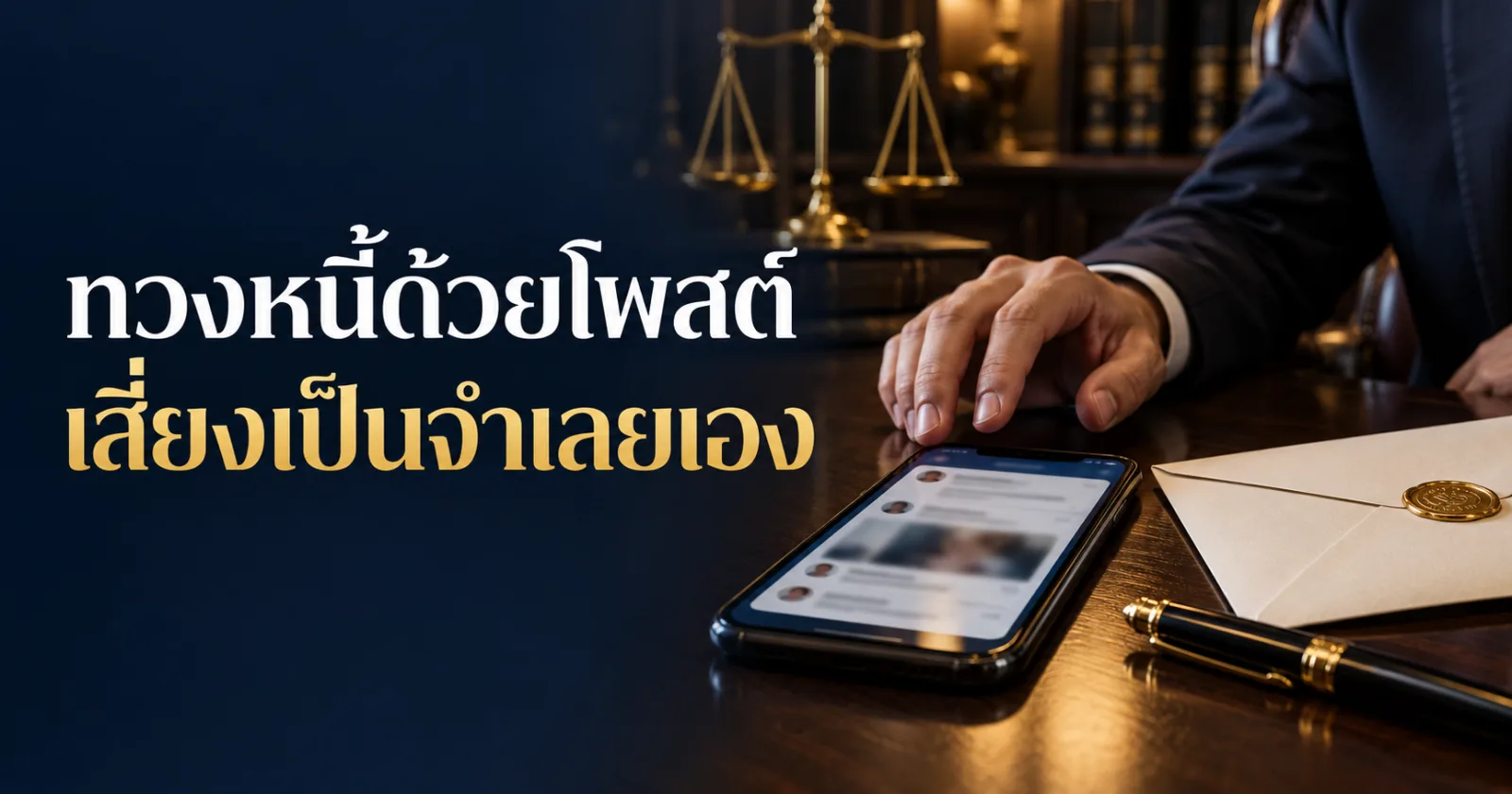 โทรศัพท์บนโต๊ะกฎหมายข้างหนังสือปิดผนึก พร้อมข้อความ ทวงหนี้ด้วยโพสต์ เสี่ยงเป็นจำเลยเอง