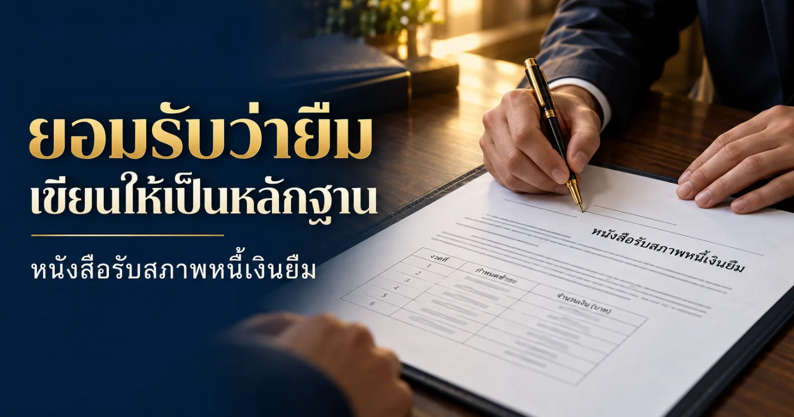 มือกำลังลงชื่อหนังสือรับสภาพหนี้เงินยืม พร้อมคำว่า ยอมรับว่ายืม เขียนให้เป็นหลักฐาน