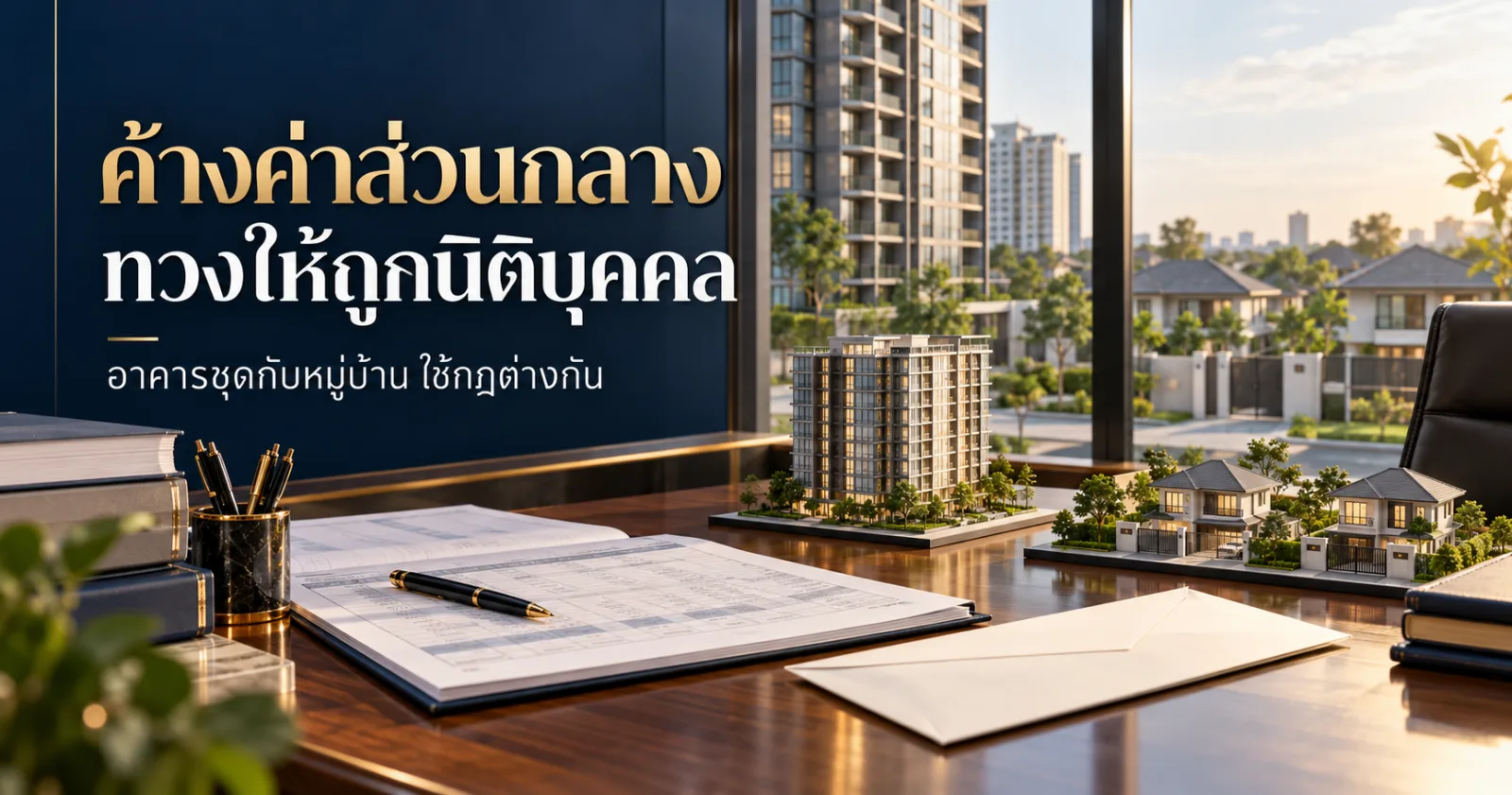 บัญชีค่าส่วนกลางและหนังสือทวงข้างแบบจำลองคอนโดและหมู่บ้าน พร้อมข้อความ ค้างค่าส่วนกลาง ทวงให้ถูกนิติบุคคล