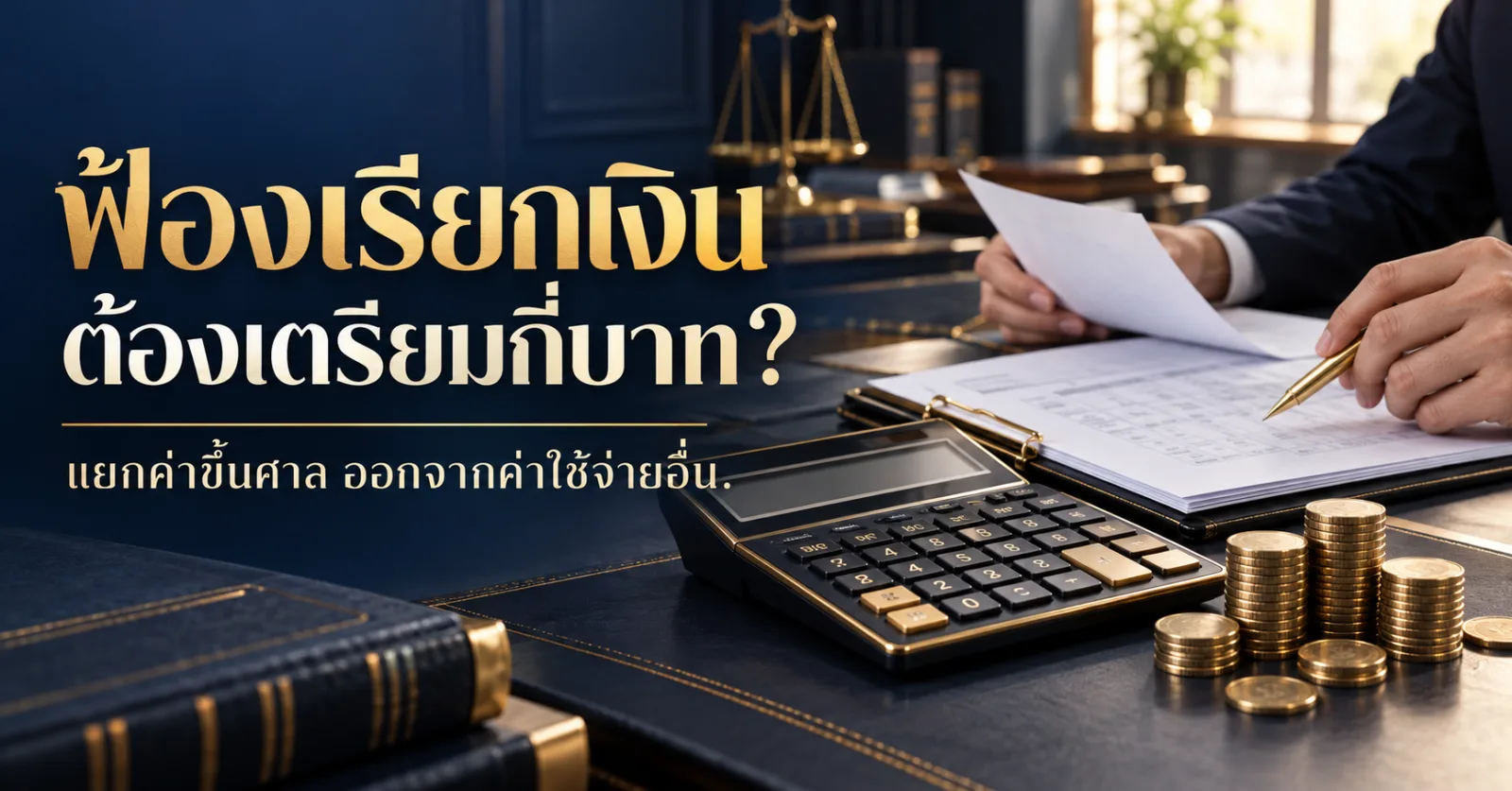 เครื่องคิดเลขและเอกสารค่าใช้จ่ายพร้อมคำว่า ฟ้องเรียกเงิน ต้องเตรียมกี่บาท