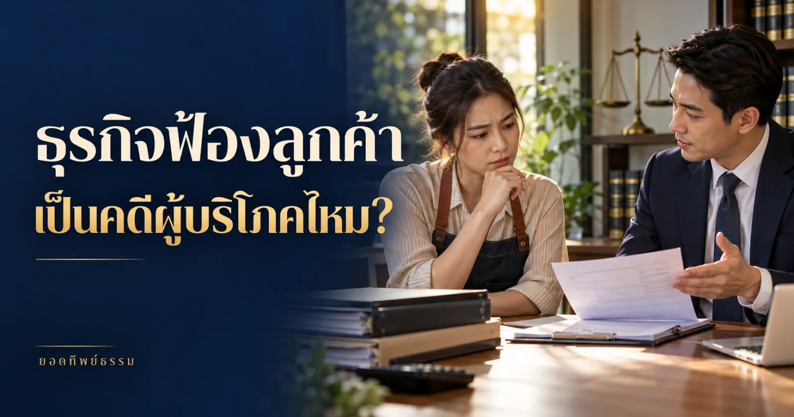 ธุรกิจฟ้องลูกค้าเป็นคดีผู้บริโภคไหม ภาพเจ้าของร้านปรึกษาเอกสารกับทนาย