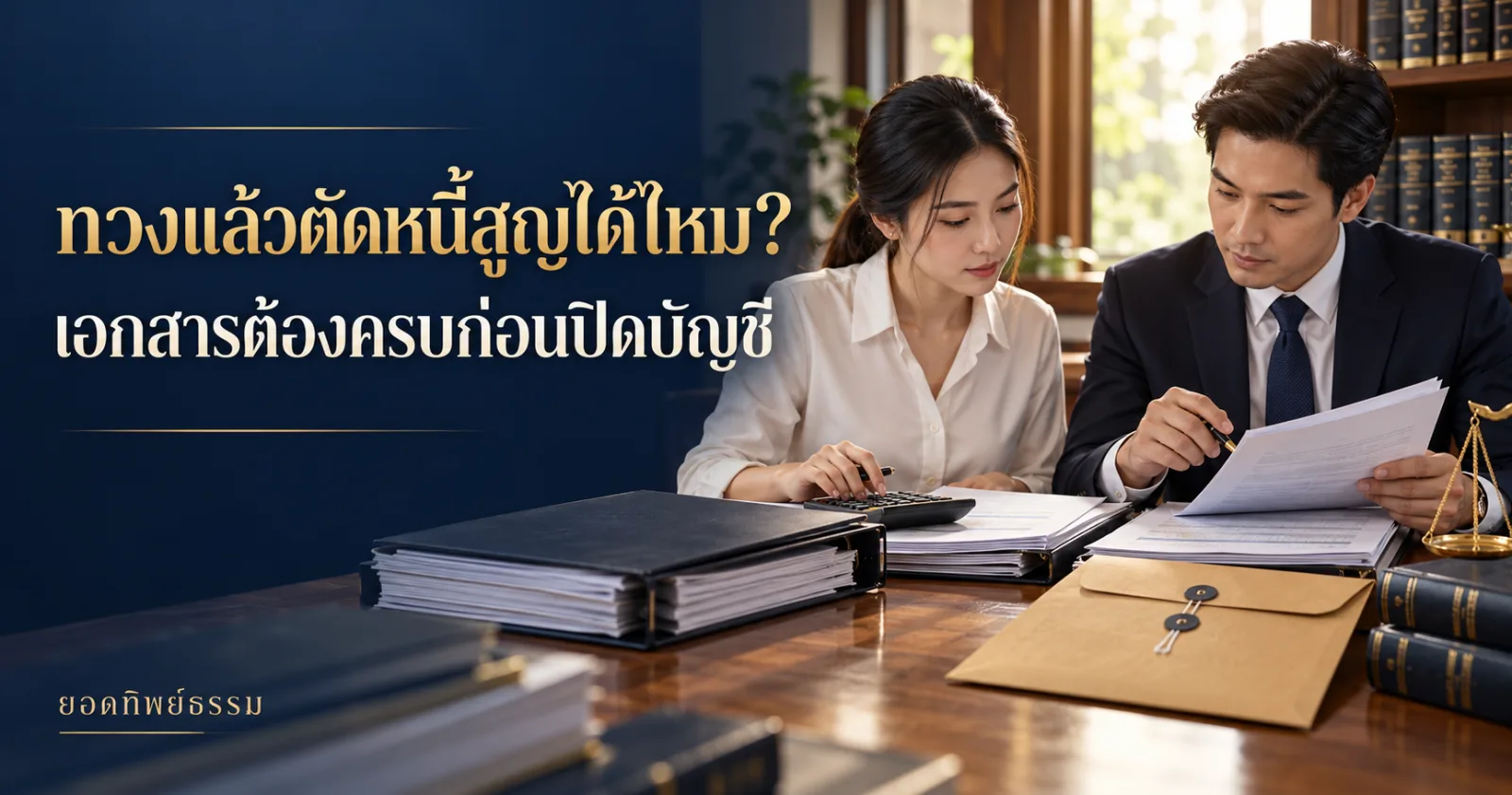 ทวงแล้วตัดหนี้สูญได้ไหม เอกสารต้องครบก่อนปิดบัญชี ภาพนักบัญชีตรวจแฟ้มกับทนาย
